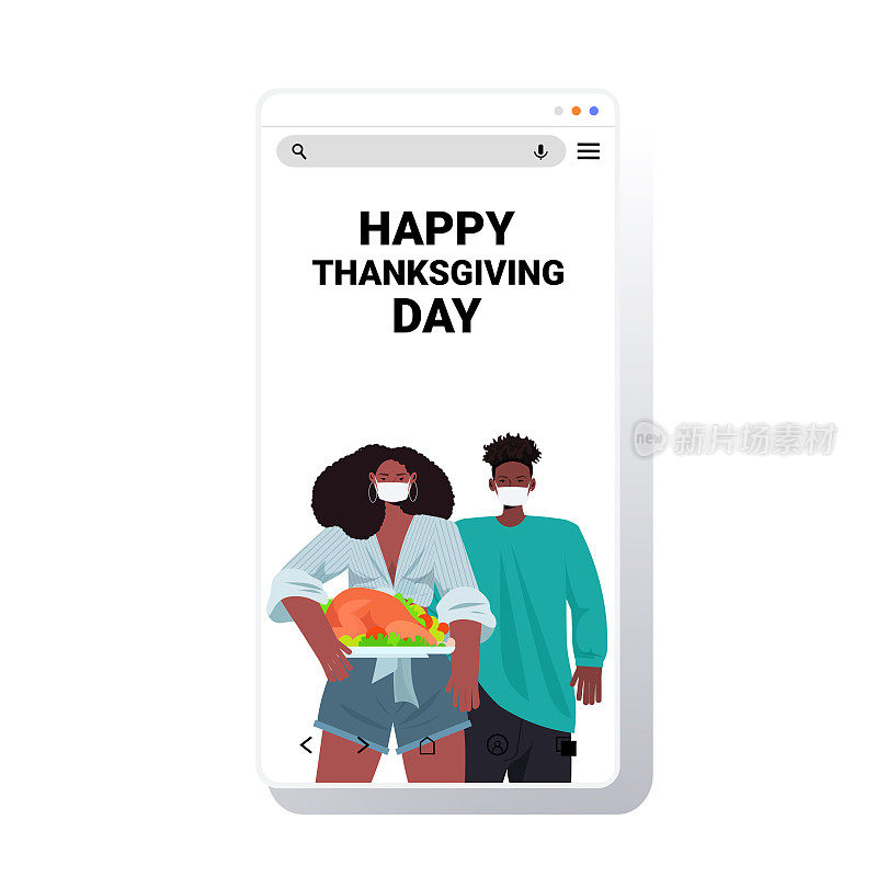 man woman in masks celebrating happy thanksgiving day african american couple holding roasted turkey coronavirus